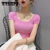 Женская летняя футболка с коротким рукавом и U-образным вырезом, женская облегающая рубашка с большим вырезом, сплошной цвет, облегающие топы с низким вырезом