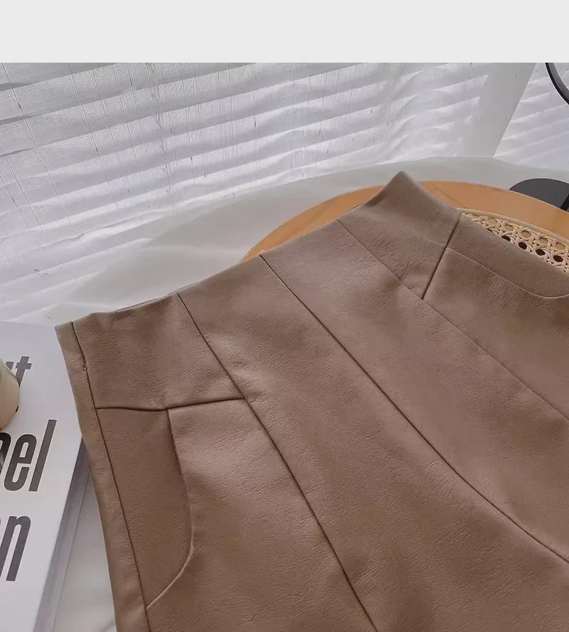 Женские шорты А-силуэта из искусственной кожи с высокой талией и широкими штанинами — корейская мода на осень/зиму
