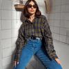 Fashion retro commuting thin lapel cardigan shirt autumn casual versatile long-sleeved plaid shirt women