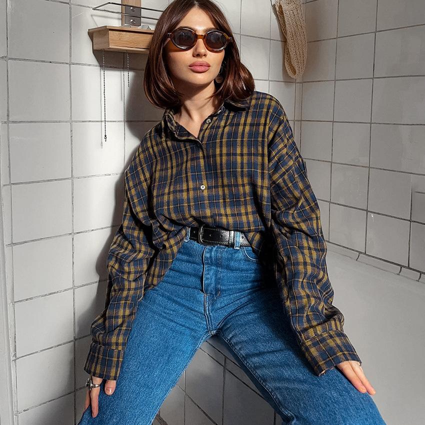 Fashion retro commuting thin lapel cardigan shirt autumn casual versatile long-sleeved plaid shirt women
