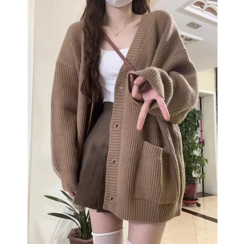 Fashion Elegant Knitted V-neck Cardigan Jacket Long Sweater Women Elegant Casual Solid Color Coats Loose Simple Autumn Winter Office Clothing