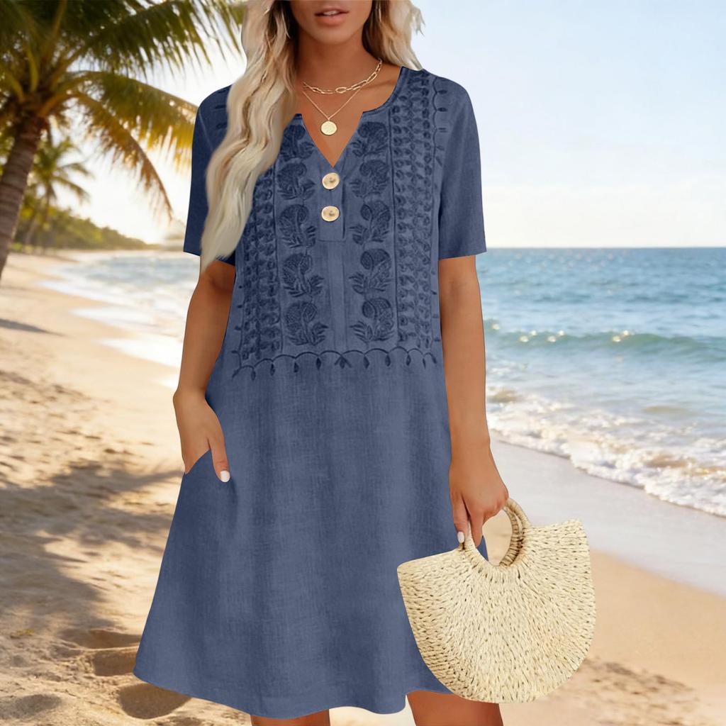 Женское повседневное платье свободного кроя с коротким рукавом, вышивка, детали на пуговицах спереди, легкое летнее платье с карманами