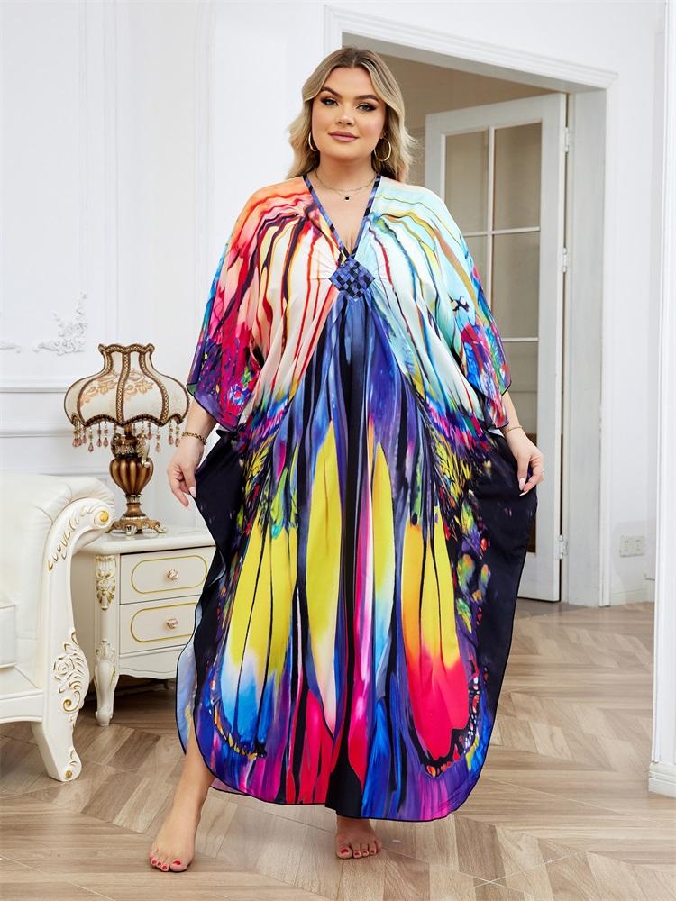 EDOLYNSA Plus Size Multicolor Printed Kaftan Dress For Women Outfit Boho Vacation V-neck Split Robe Summer Beachwear Swimsuit Cover Up Q1588