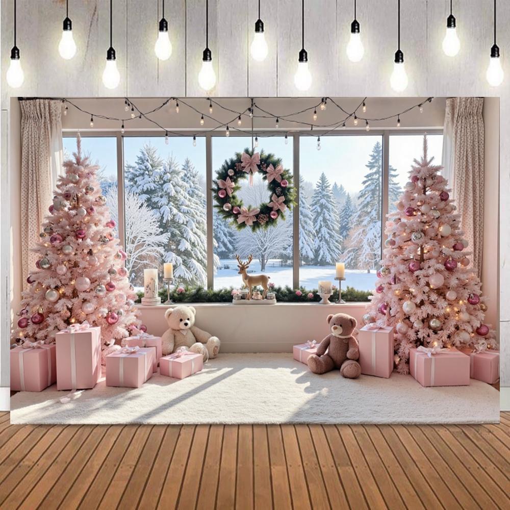 Enchanted Pink Christmas Photography Background Candy Gingerbread House Xmas Tree Snowfield Snowman Party Decor Photo Backdrop