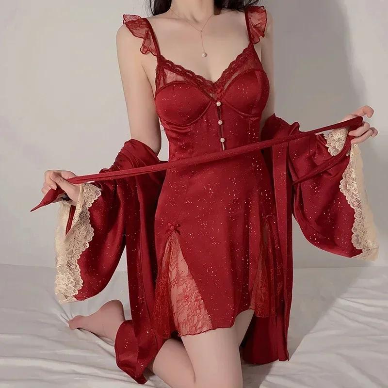Роскошная пижама, женский пижамный комплект, мини-платье на шнуровке с бюстгальтером, сексуальная женская пижама