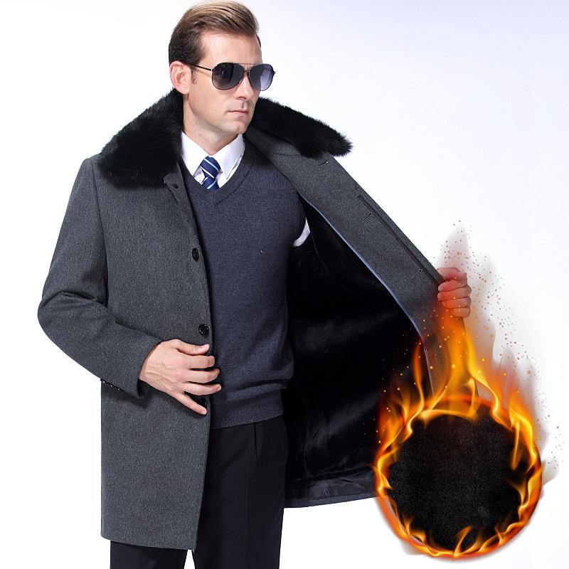 Зимнее кашемировое пальто для мужчин среднего и пожилого возраста, утолщенная и бархатная подкладка, съемный свободный воротник из натурального меха сверху куртки