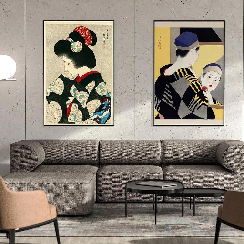 Solid Wood Frame Japanese Ito Shinsui Geisha Painting On Canvas Wall Art Poster And Prints Lip Stick Kitagawa Vintage Wall Decor For Living Room