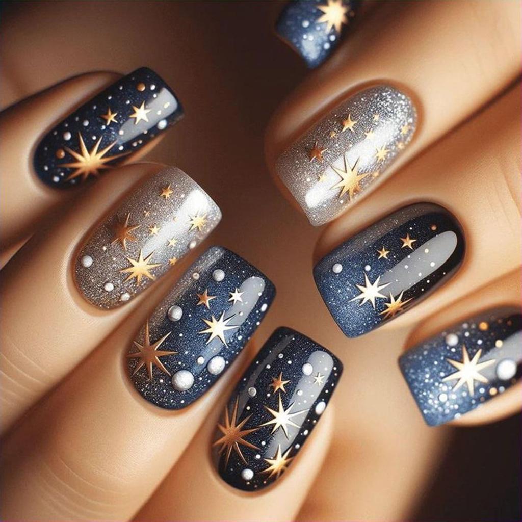 24 шт. Астральные накладные ногти Красочные искусственные ногти Блестящие Полное покрытие Наклейки для ногтей Короткие квадратные Накладные ногти