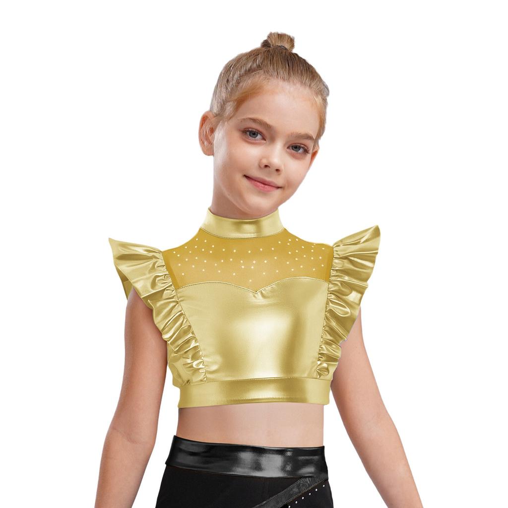 Kids Girls Metallic Tank Tops Mock Neck Mesh Patchwork Rhinestone Adorned Sleeveless Shiny Ruffle Crop Tops with Press Buttons Keyhole Back Dance Shir