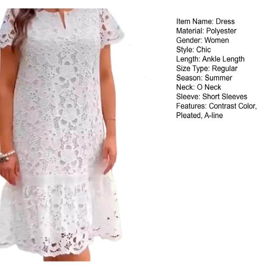 Summer Dress Hollow Lace Short Sleeve Pure Color Loose A-line Vintage Elegant Style V Neck Prom Party Dating Midi Dress