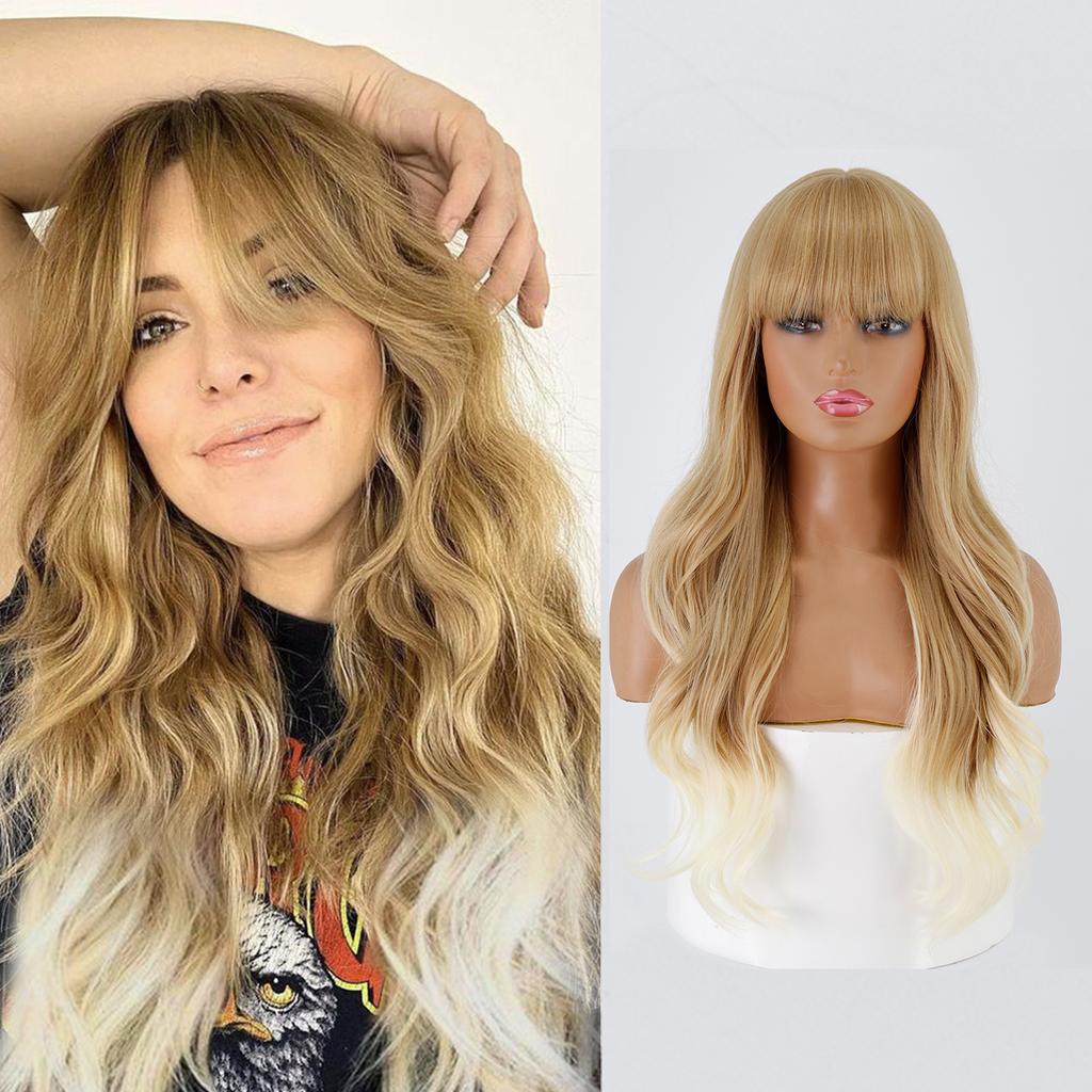 Женский длинный парик с волнистыми волосами с челкой Оранжевый Фиолетовый Коричневый Черный Золотой Жаростойкие синтетические парики Косплей Вечеринка Ежедневно Сью Шиньон