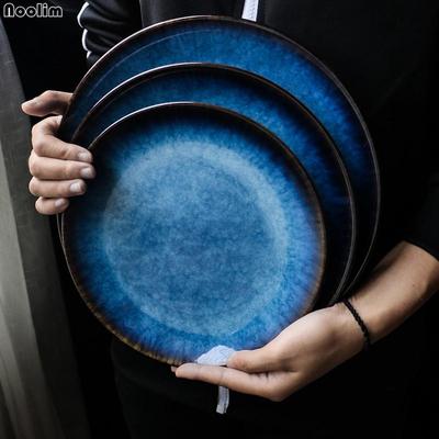 Японская печь, синяя неглубокая тарелка, плоская тарелка, круглый поднос, тарелка для стейка, тарелка для макарон, домашняя посуда