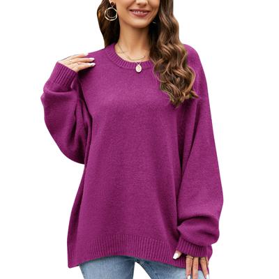 Женский свитер с круглым вырезом, длинный рукав, свободный крой, однотонный повседневный вязаный свитер с круглым вырезом, фиолетовый, размер M