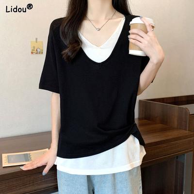 Простота Повседневный Сексуальный Свободный Элегантный Футболки Модные Пуловеры Однотонный Лоскутный Короткий Рукав V-образный вырез Женская Одежда 2023