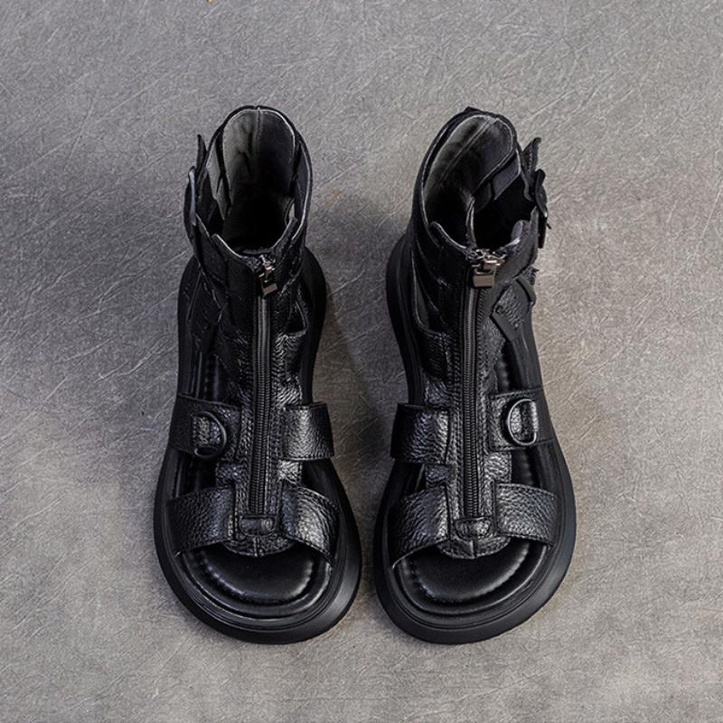 Johnature Genuine Leather Sandals Back Zipper Peep Toe Breathable Hollow-out Boots Women's Shoes