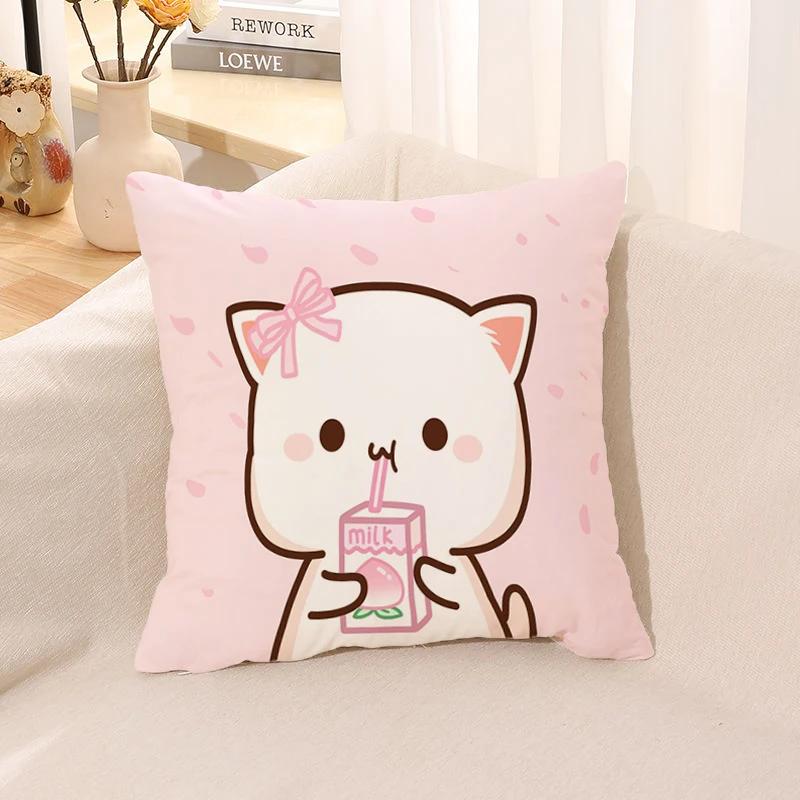 Pillow Cover Square Cushion for Bed Car Office Peach Mochi Cat Decorative Anime Room