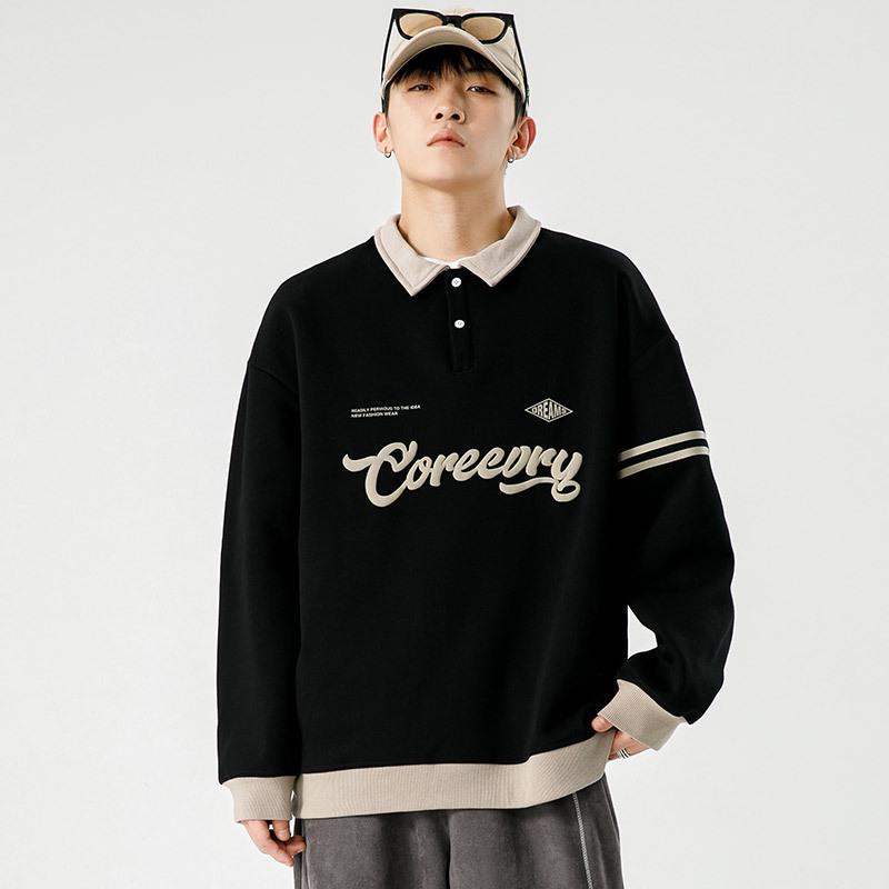 Мужская ретро-худи с воротником-поло - Модная японская рабочая одежда для подростков, весна/осень 2024