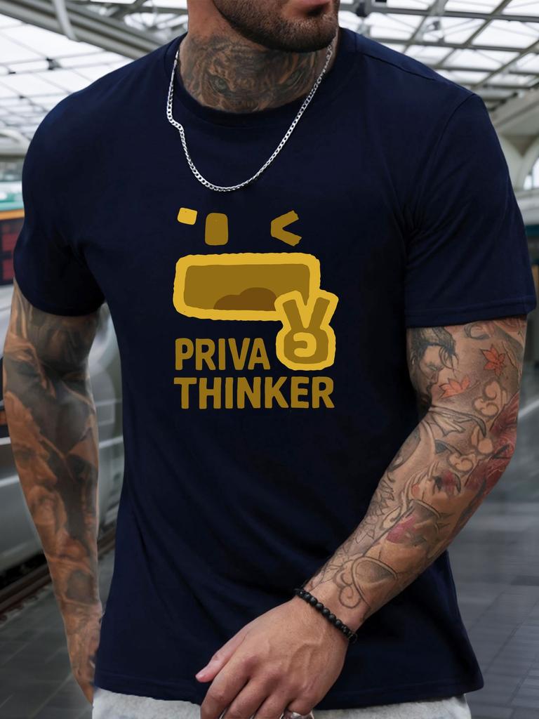 Футболка с коротким рукавом PRIVA THINKER Мужская 100% Хлопок С рисунком Летняя С круглым вырезом Дышащая Повседневная Модная Крутая Футболка