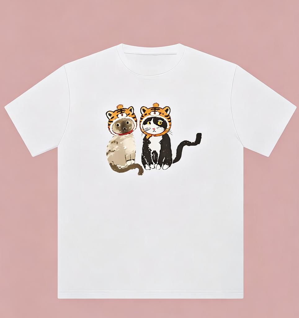Aesthetic Cat Graphic Tee Trendy Dragon Hat Kitty TShirt Simple Artistic Print Top Casual Daily Wear Short Sleeve Fashion Tee