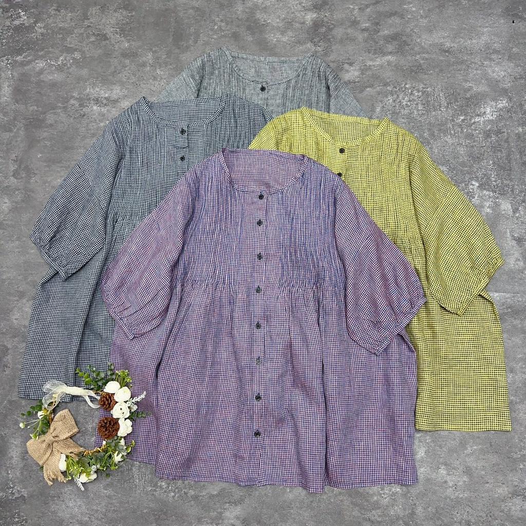 Johnature Японские плиссированные рубашки с круглым вырезом-аккордеоном, летние клетчатые универсальные топы с короткими рукавами, тонкие тонкие