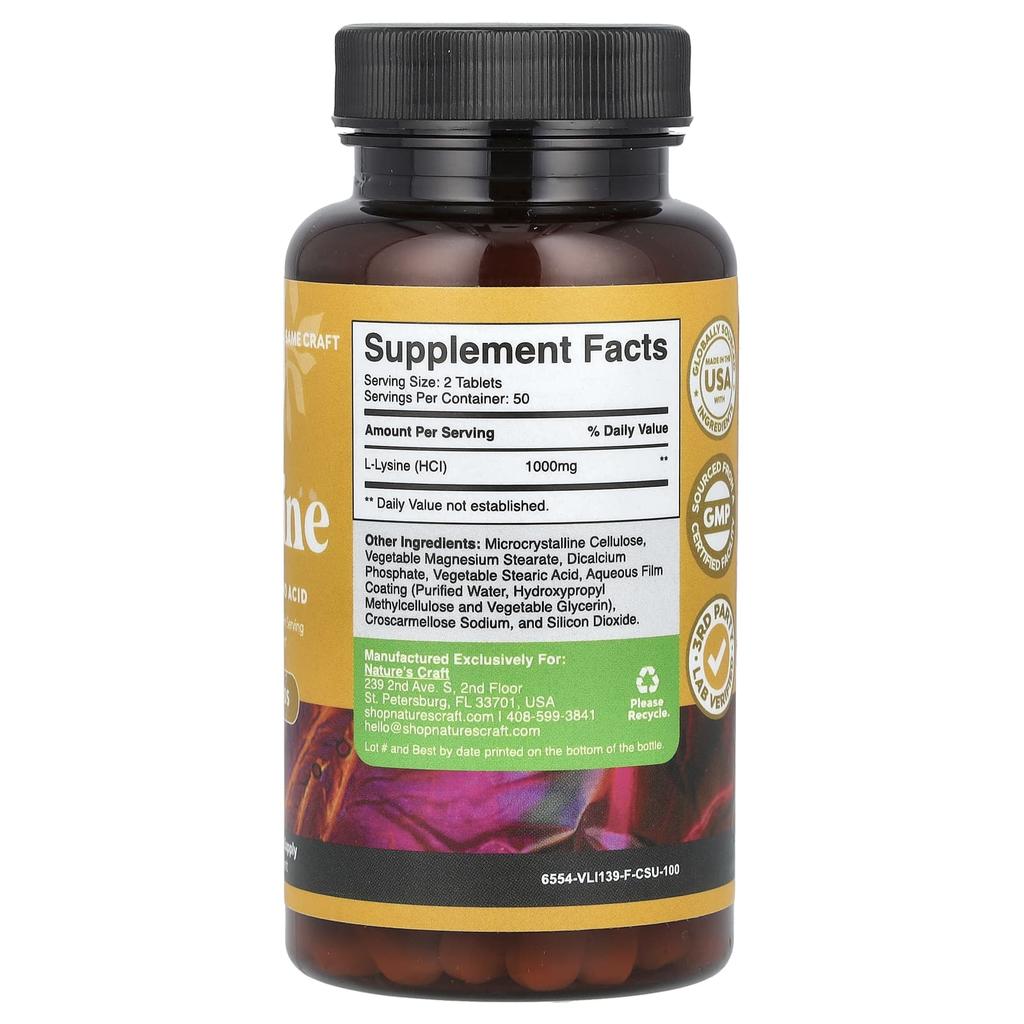 Nature'S Craft, L-Lysine, 100 Tablets (500Mg per Capsule)