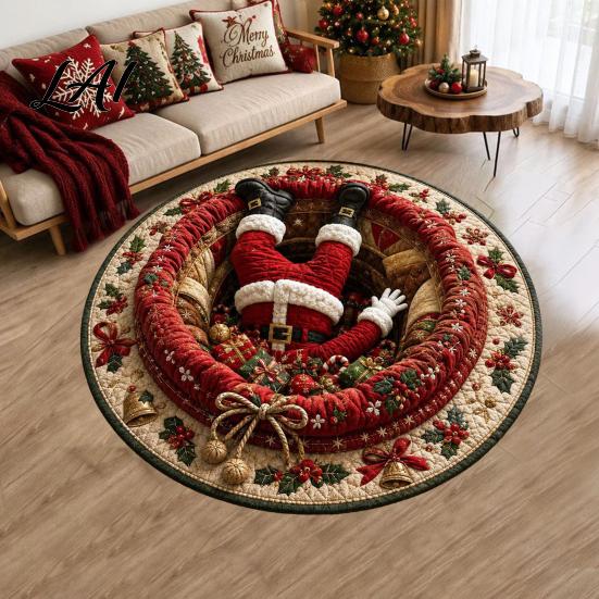 Christmas Floor Mat Round 3D Rug Optical Illusion Area Santa Claus Gnome Quilted-Like Patterned Rug Anti-slip Washable for Living Room Bedroom