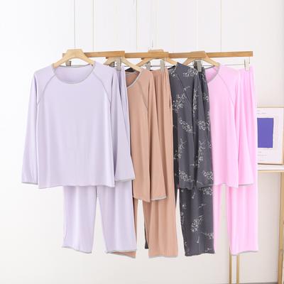 Однотонная модальная женская пижама на все времена с длинными рукавами, брюки с круглым вырезом, домашний костюм с модным шитьем