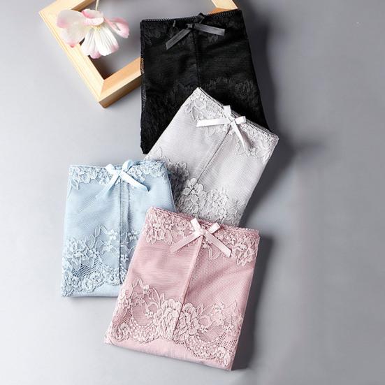 Women Underpants Hollow Out Super Breathable Soft Solid Color Mid Waist Anti-septic Elastic Flower Embroidery Lace