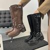 Мода Новый Стиль Женские Западные Ковбойские Сапоги Мода Задние Молнии Длинные Ботильоны Осень Зима Квадратный Низкий Каблук Туфли для Девушек Zapatos Mujer
