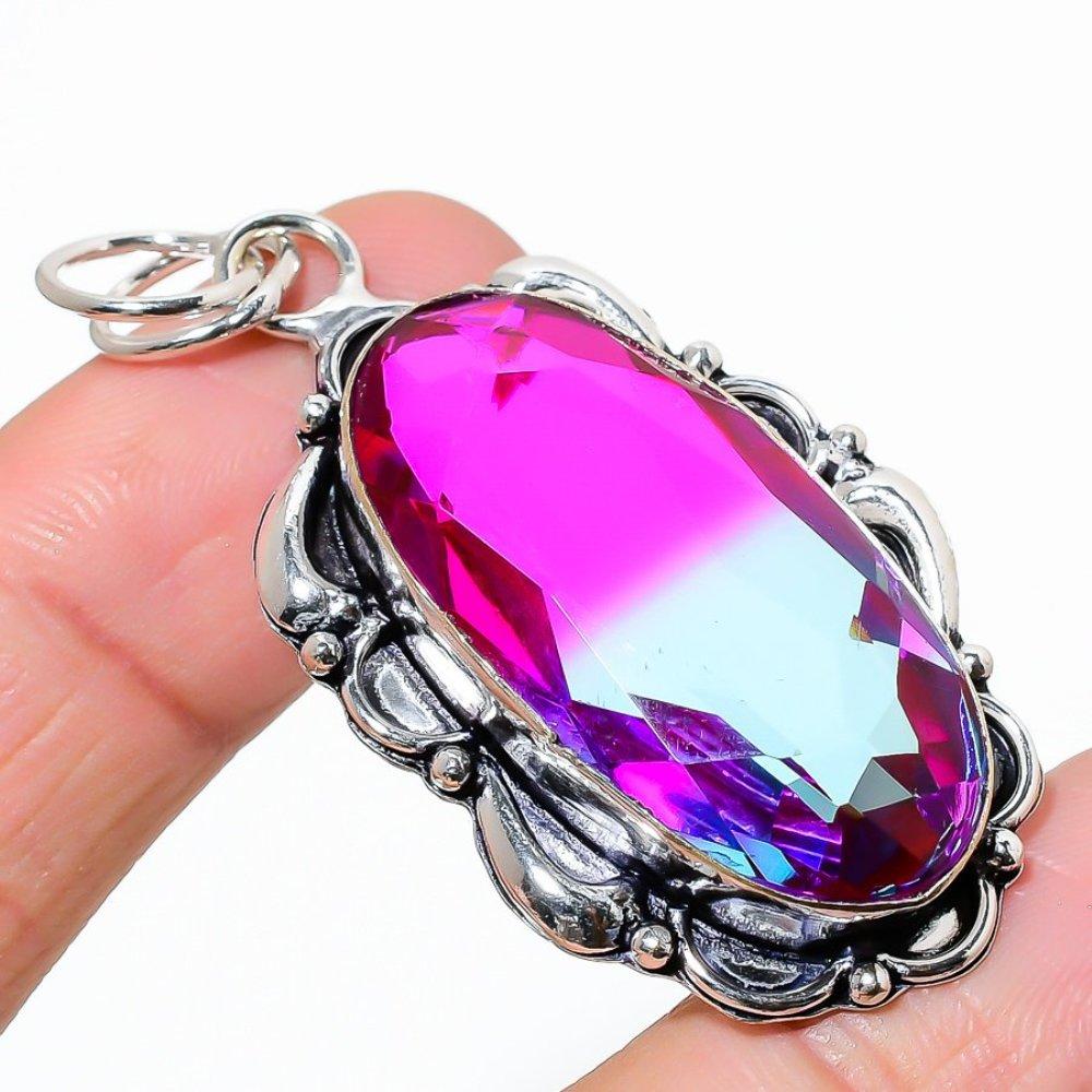 Natural Bi-Color Tourmaline Gemstone 925 Sterling Silver Pendant 2.36" C4p32
