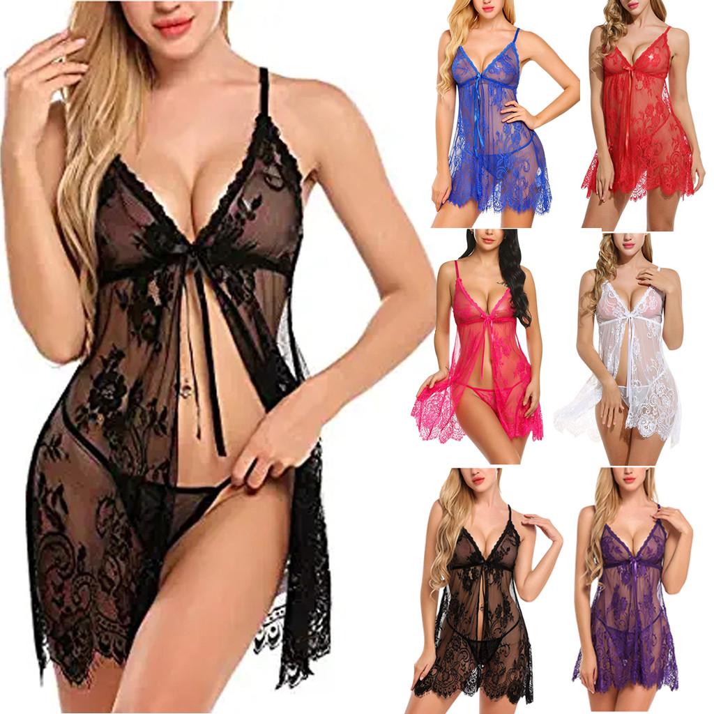Women Lace Sleepwear Eyelash Nightgown Sexy Lingerie Nightdress Underwear