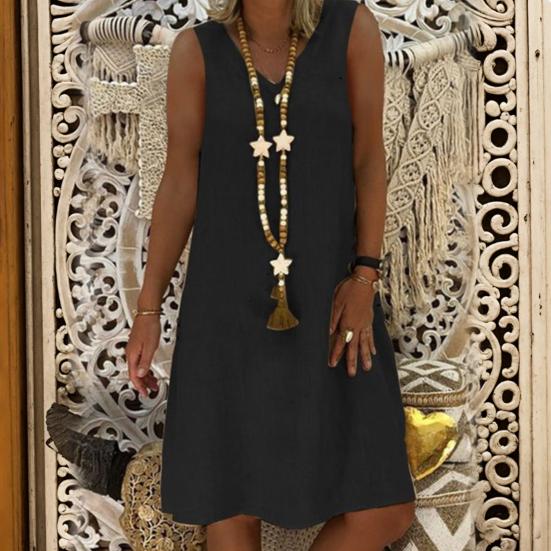 Lady Summer Dress Sleeveless V Neck A-line Solid Color Knee Length Midi Dress Pullover Vest Type Vacation Beach Dress