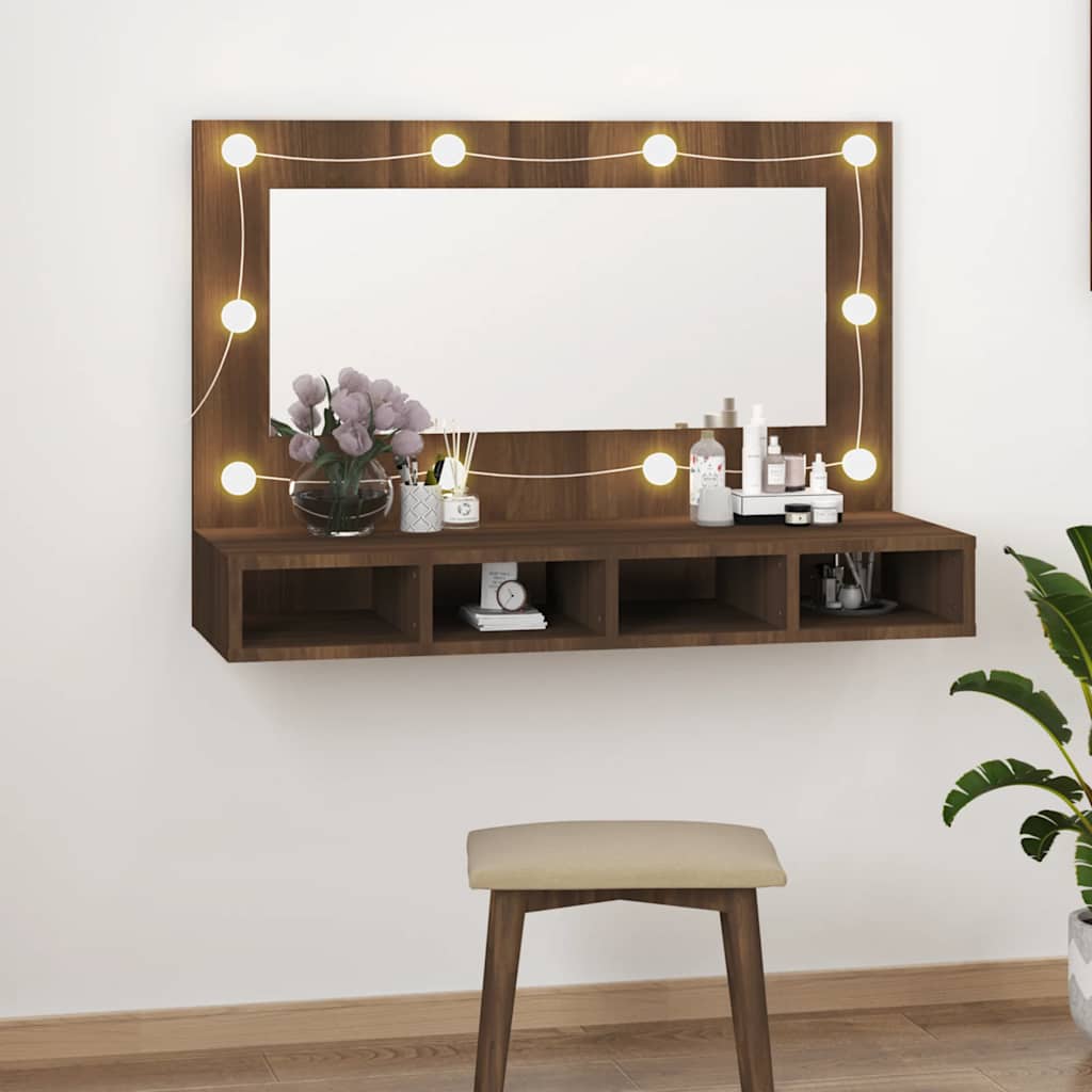 Vidaxl Szafka Z Lustrem I Oświetleniem Led, Brązowy Dąb, 90X31,5X62 Cm