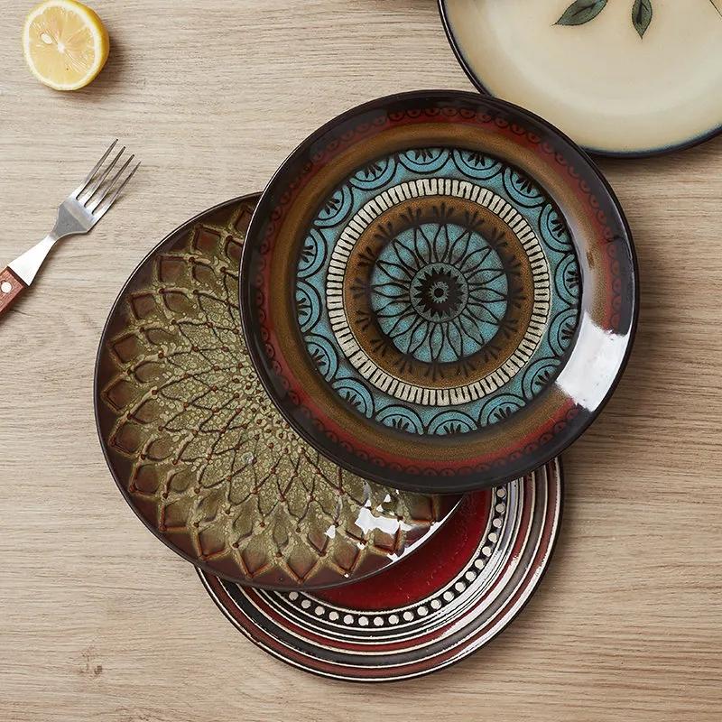 Простая керамическая тарелка в скандинавском стиле с резьбой и косточками, домашнее блюдо, тарелка для стейка, темно-зеленая тарелка для салата, диск