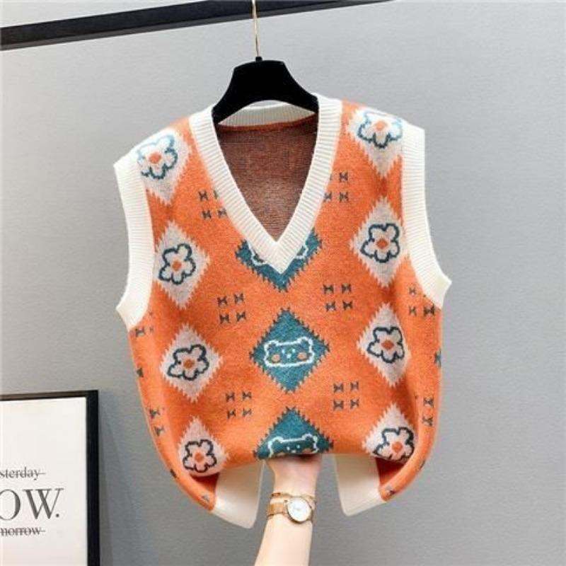 Жилет, женский свитер на весну и осень, вязаный женский свитер с v-образным вырезом, свободный внешний слой, вязаный жилет без рукавов, пуловер
