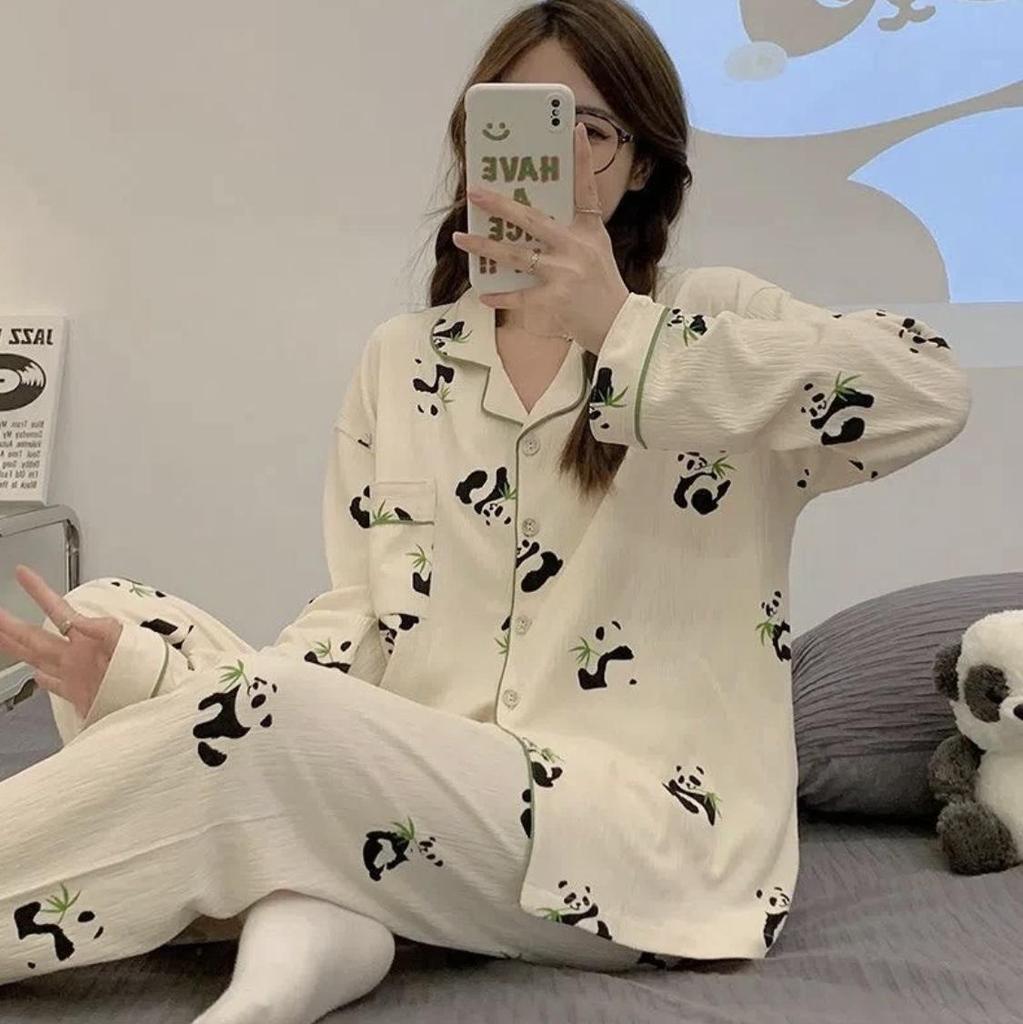 Пижамный комплект из хлопка «Облако» для женщин: Кардиган свободного кроя с длинным рукавом и милыми лацканами в студенческом стиле на весну и осень