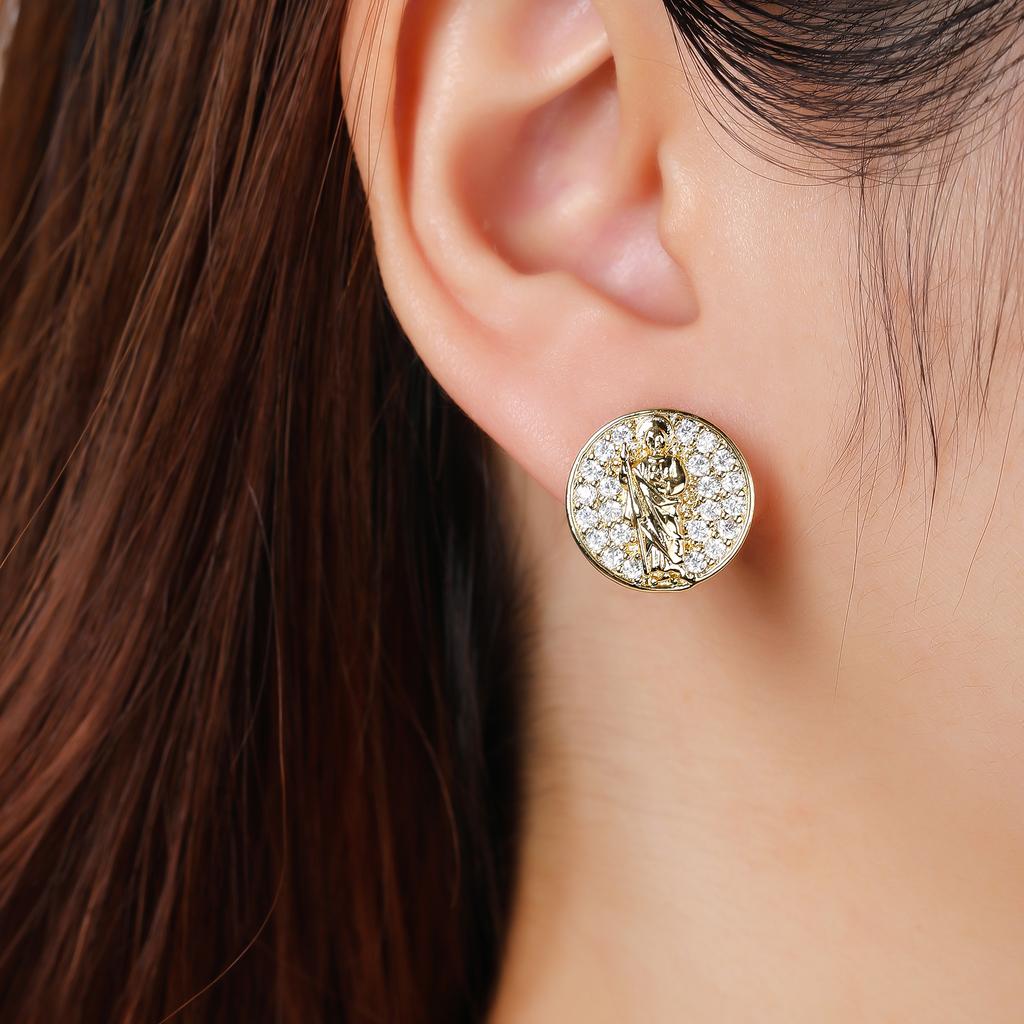 Gold-Color Religious Saint Jude Zirconia Women's Stud Earrings For Women Virgin Mary Believer Ear Jewelry Daily Party Gifts