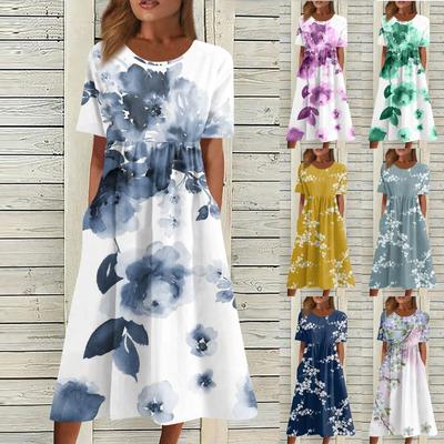 Жен. Повседневные платья Платья с принтами Летние платья С принтами Плиссированные платья-миди с круглым вырезом Классический Классический На открытом воздухе Повседневные С короткими рукавами Свободные платья