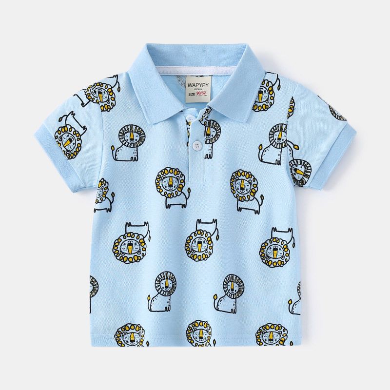 Boys' Half-Sleeve Polo Shirt, Summer Children's Clothing, Kids' Short-Sleeve T-Shirt with All-Over Dinosaur Print, Baby Boy Rocket Shirt
