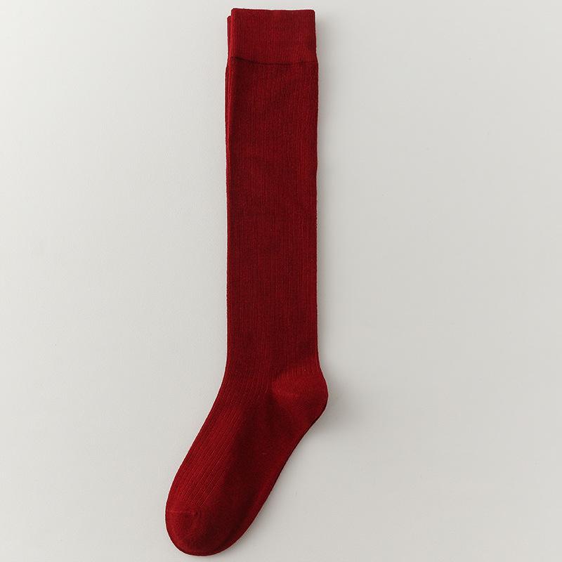 2024 Autumn/Winter Women's Angora Red Over-the-Knee Wool Socks - JK Style Vertical Stripe, Slimming Scrunched Calf.