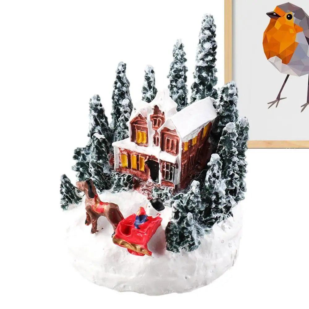 Led Light Christmas Village House Figurines Cartoon Miniature Village Figurine Desk