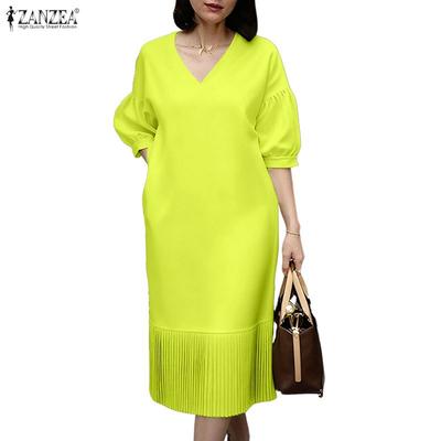 Женское повседневное платье с V-образным вырезом, однотонное, свободного кроя, с рукавом до локтя
