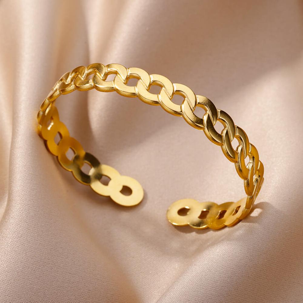 Stainless Steel Wide Bangles for Women Luxury Gold Color Chunky Flower Cuff Bangle Bracelet Femme Vintage Wedding Jewelry Gifts