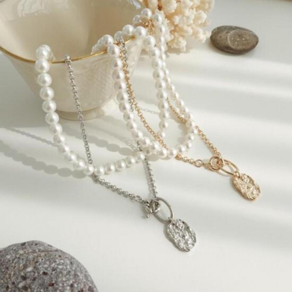 New Arrivals Open Run Women Bead Pearl Chain Layered Flat Necklace