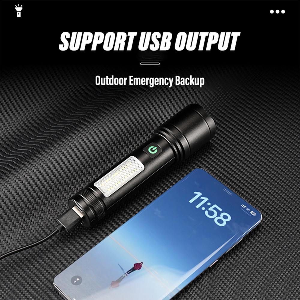 Super Bright LED Flashlight Rechargeable Torch Portable Work Light Outdoor Camping Light Can Telescopic Zoom Support USB Output