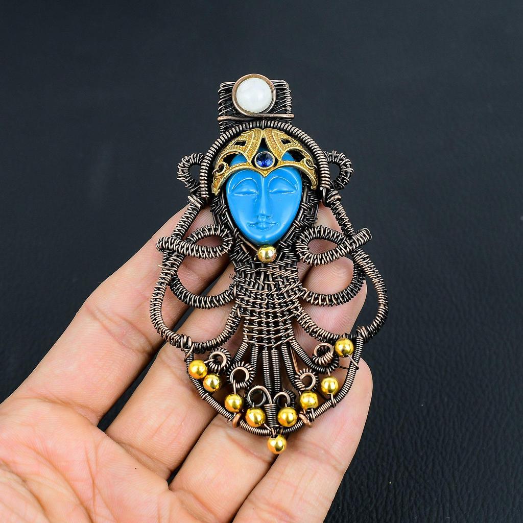 Резные украшения с синим лицом и лунным камнем, кулон, обернутый медной проволокой 999 пробы, украшения из драгоценных камней ручной работы, подарки для жены, совершенно новый кулон