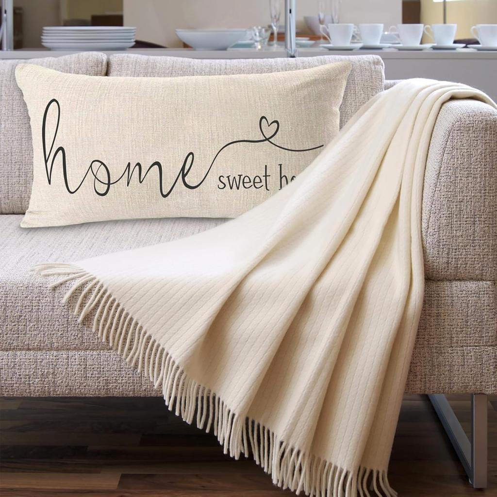 MFGNEH Home Sweet Home Quotes Farmhouse Pillow Covers 12x20 Inch,Farmhouse Decorative Lumbar Throw Pillow Case Cushion Cover,Housewarming Gift