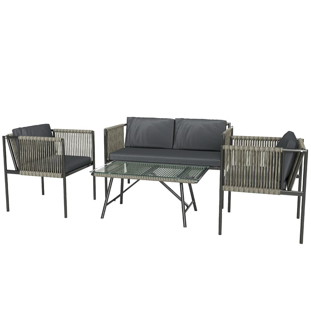 4-Piece Garden Furniture Set, 1 Sofa, 2 Armchairs, 1 Table with Glass Top, Cushions, Steel Frame, Plastic Rattan, Gray