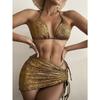 Halter Push Up Bra Beach Bathing Suit Swimwear Beach Wear 3 Pieces Bikini Set with Pleated Skirt Glossy Solid Gold Swimsuit