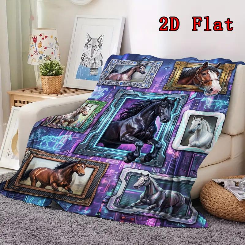 Horse Portraits Frames 2D Flat Pattern Flannel Blanket, High quality All Seasons, Home Decor, Warmth and Comfort, Perfect for Christmas Gifts.